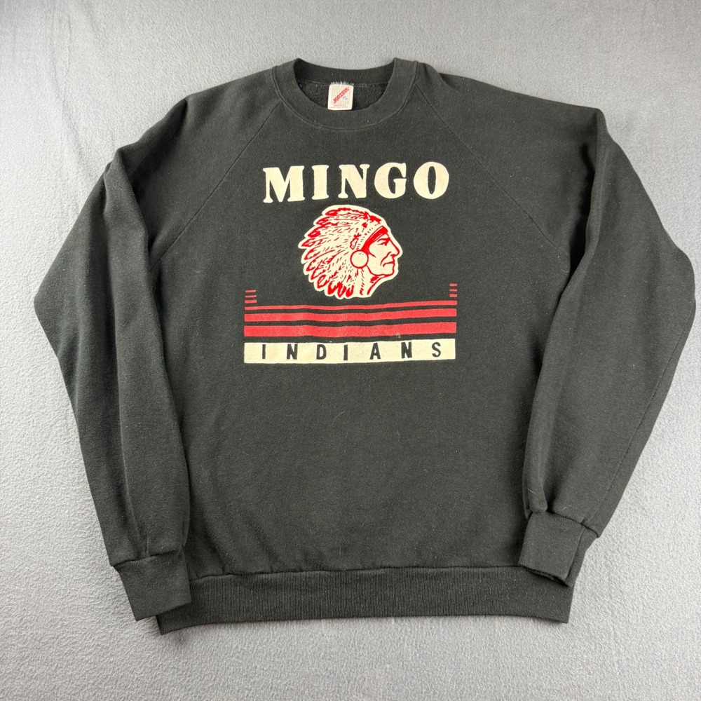 Vintage Indiants Sweatshirt Mens XL Black Mingo 80s Made USA Raglan Native Tribe - Picture 1 of 9